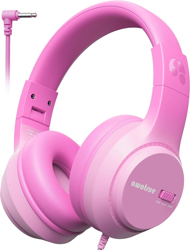 awatrue Kids Headphones, 74/85/94dB Volume Limiter, Foldable Wired Over Ear Headphones for Travel, 3.5mm Jack, Toddler Headphones for School, Chromebook, iPad, Tablet, Pink - Image 1